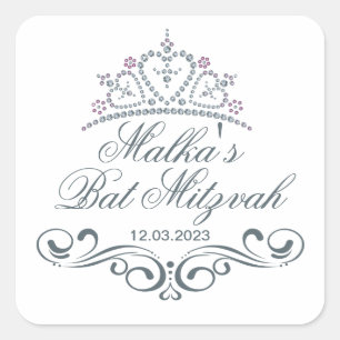 Sticker Carré Parchemins gris bleu, logo Bat mitzvah Tiara
