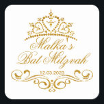 Sticker Carré Parcours d'or, logo Bat mitzvah Tiara<br><div class="desc">Tourbillons dorés (rouleaux) et Tiara en forme de coeur Sticker Bat mitzvah. Vous pouvez l'utiliser pour différentes occasions.</div>