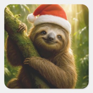 Sticker Carré Paresseux de Noël portant un chapeau de Père Noël