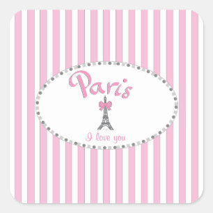 Sticker Carré "Paris I Love You" - rayures roses