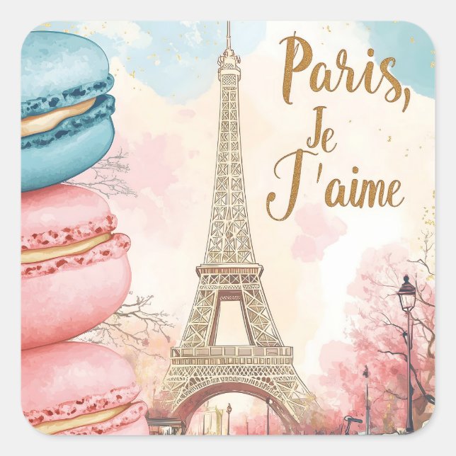 Sticker Carré Paris, Je T'aime - Tour Eiffel avec Macarons (Devant)