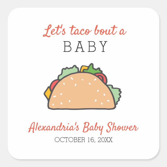 Sticker Carré Parlons Taco D'un Bébé Cute Fiesta Baby Shower (Devant)