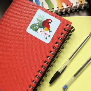 Sticker Carré Parrot floral rouge Macaw Tropical Bird