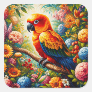 Sticker Carré Parrot Sun Conure aux fleurs colorées