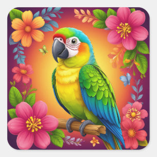 Sticker Carré Parrot Vibrant Perché Sur Une Branche