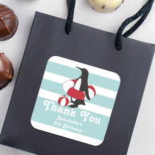 Sticker Carré Parti Anniversaire de enfant Merci de Pingouin ble