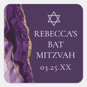 Sticker Carré Parti Bat mitzvah d'âge or violet chic