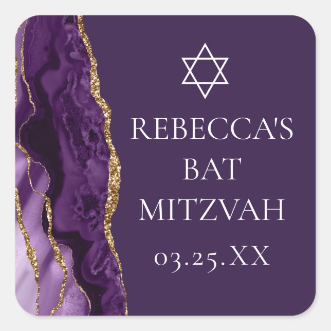 Sticker Carré Parti Bat mitzvah d'âge or violet chic (Devant)
