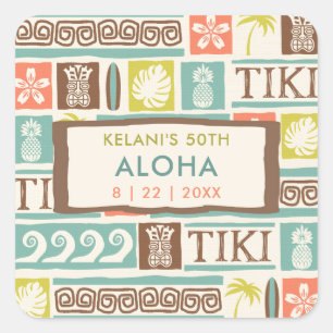 Sticker Carré Parti Retro Tiki Tropical Aloha Anniversaire