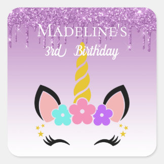 Sticker Carré Parties scintillant à goutte violette Unicorne flo