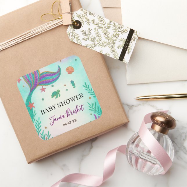 Sticker Carré Parties scintillant Baby shower sirène Turquoise (Cadeaux)
