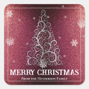 Sticker Carré Parties scintillant d'arbre de Noël et flocons de 