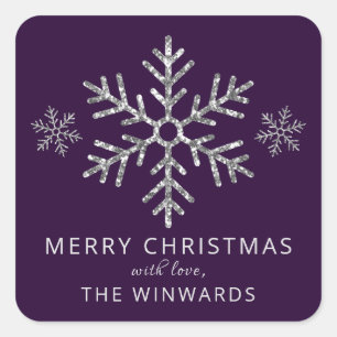 Sticker Carré Parties scintillant d'argent violet de Noël Flocon