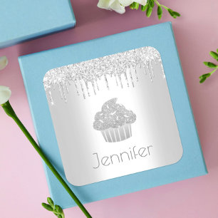 Sticker Carré Parties scintillant de cupcake argent goutte chic