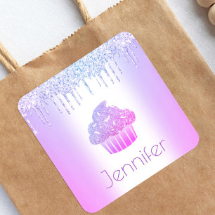 Sticker Carré Parties scintillant de cupcake violet gouttes de g