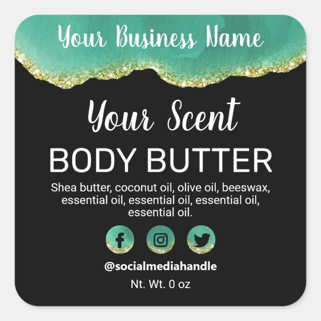 Sticker Carré Parties scintillant d'or noir Trier Turquoise Agat (Devant)