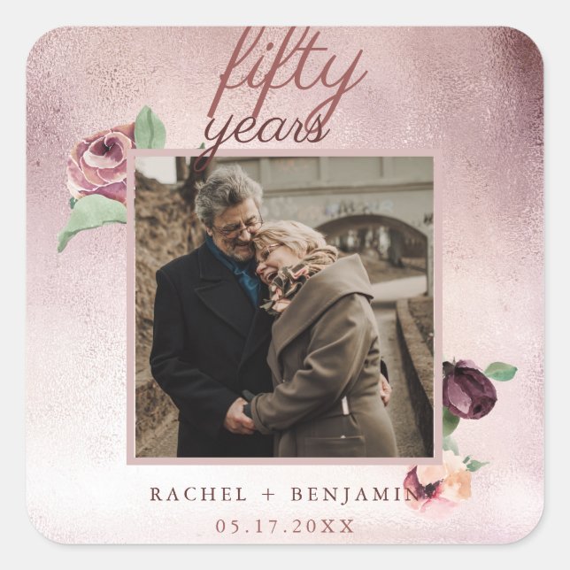 Sticker Carré Parties scintillant d'or rose 50 ans Mariage Anniv (Devant)