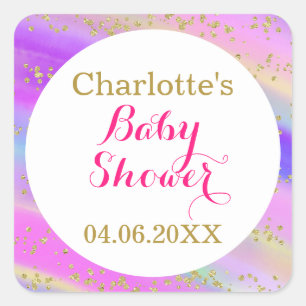 Sticker Carré Parties scintillant d'or Unicorne couleur Baby sho