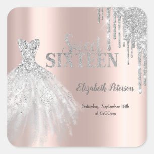 Sticker Carré Parties scintillant en argent, robe Rose Gold Swee