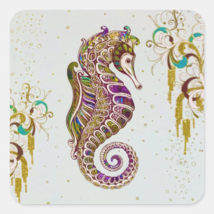 Sticker Carré Parties scintillant Gold Summer Rainbow Seahorse