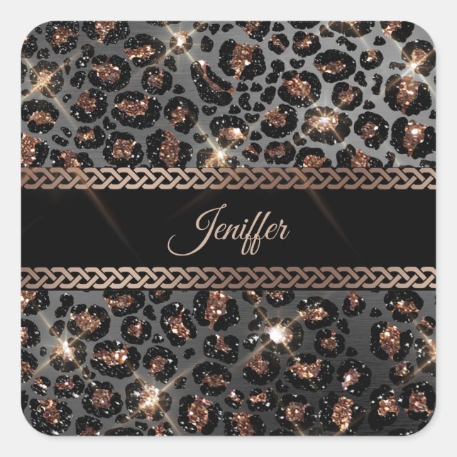 Sticker Carré Parties scintillant Leopard Black Gold personnalis (Devant)