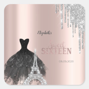 Sticker Carré Parties scintillant, Robe, Tour Eiffel Sweet 16
