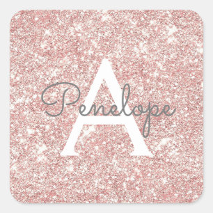 Sticker Carré Parties scintillant rose or rose et monogramme éti