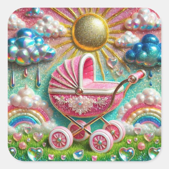 Sticker Carré Parties scintillant rose Pram & Baby shower Rainbo (Devant)