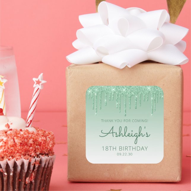 Sticker Carré Parties scintillant verte 18e anniversaire Merci (Fête)