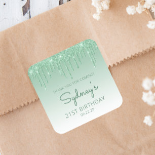 Sticker Carré Parties scintillant verte 21e anniversaire Merci