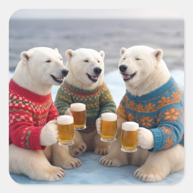 Sticker Carré Party Polar Bears Wearing Christmas Ugly Sweaters (Devant)