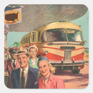 Sticker Carré Passagers vintage en vacances à la gare routière