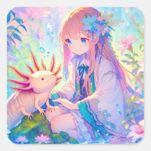 Sticker Carré Pastel Anime Girl et un Axolotl Personnalisé