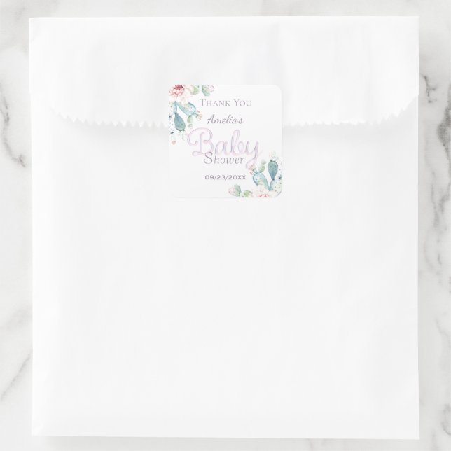 Sticker Carré Pastel Aquarelle Cactus Baby shower rose (Sac)