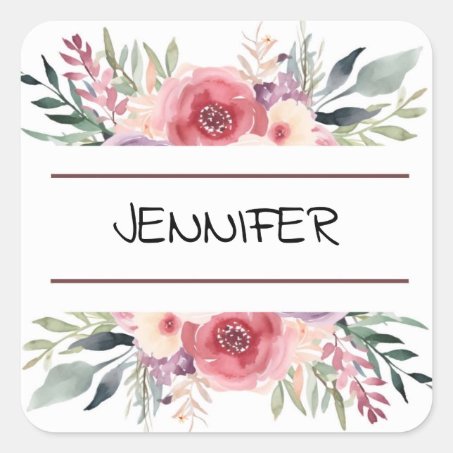 Sticker Carré Pastel Aquarelle Fleur Floral Nom de la bordure (Devant)