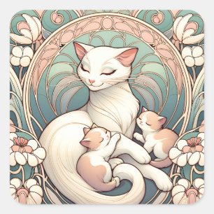 Sticker Carré Pastel Art Nouveau Mère Chat et chatons