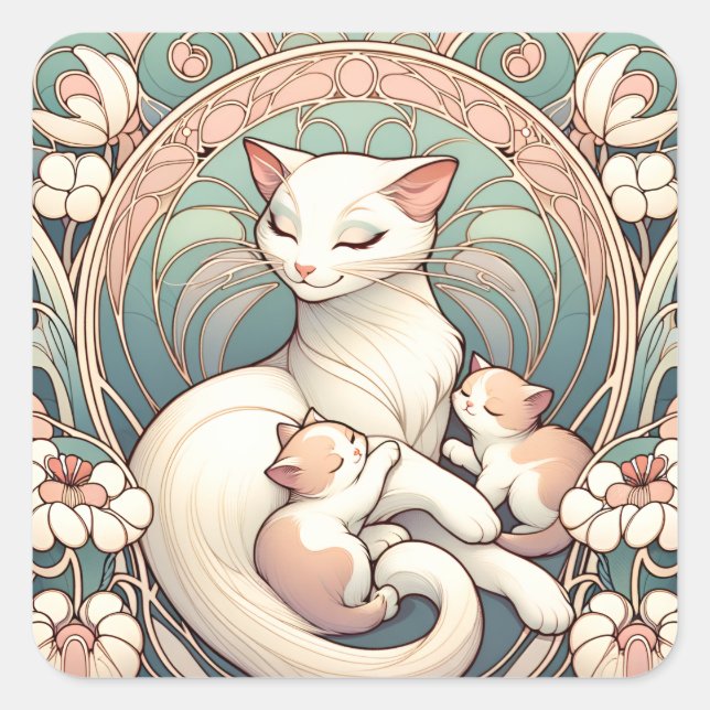 Sticker Carré Pastel Art Nouveau Mère Chat et chatons (Devant)