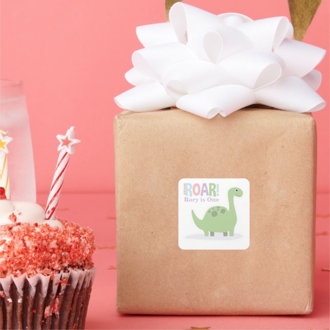 Sticker Carré Pastel Baby Dinosaures Roar fête d'anniversaire (Fête)