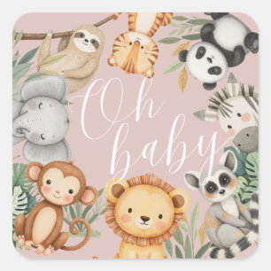 Sticker Carré Pastel baby shower tropical Jungle Safari Animaux