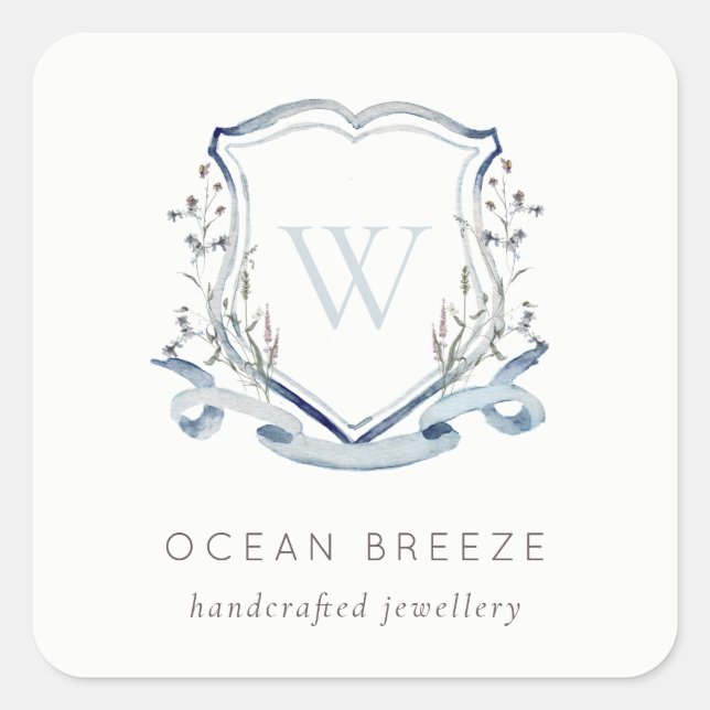 Sticker Carré Pastel Blue Fleur sauvage Aquarelle Crest Monogram (Devant)
