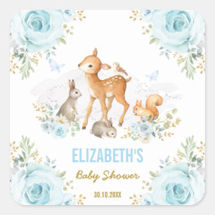 Sticker Carré Pastel Blue Woodland Animaux Baby shower Faveurs