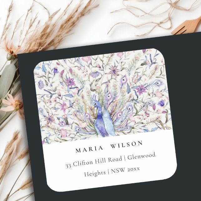Sticker Carré Pastel Classy Ornate Aquarelle Peacock Adresse (Créateur téléchargé)