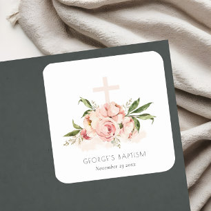 Sticker Carré Pastel Doux Peach Rose Floral Cross Bunch Baptême