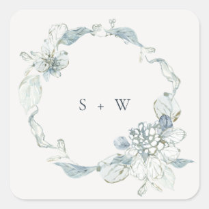 Sticker Carré Pastel Dusky Blue Floral Wreath Mariage Monogramme