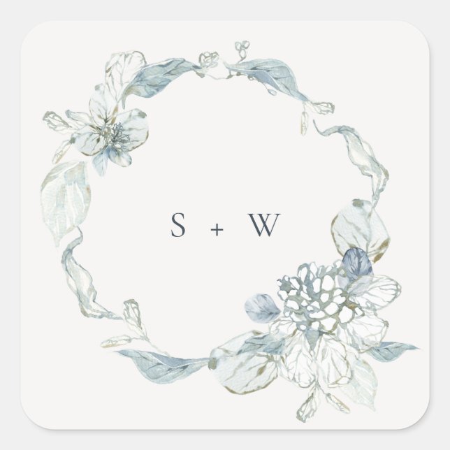 Sticker Carré Pastel Dusky Blue Floral Wreath Mariage Monogramme (Devant)