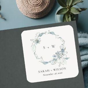 Sticker Carré Pastel Dusky Blue Floral Wreath Mariage Monogramme