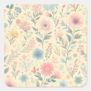 Sticker Carré Pastel Floral rose & bleu sur jaune clair