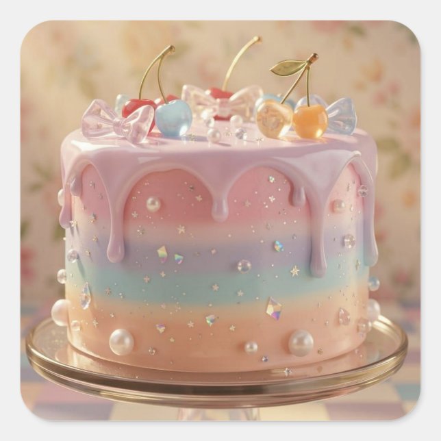 Sticker Carré Pastel Glass Food Aesthetic Rainbow Birthday Cake (Devant)