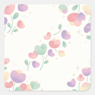 Sticker Carré Pastel Heart Shaped Flowers Minimalist Pattern