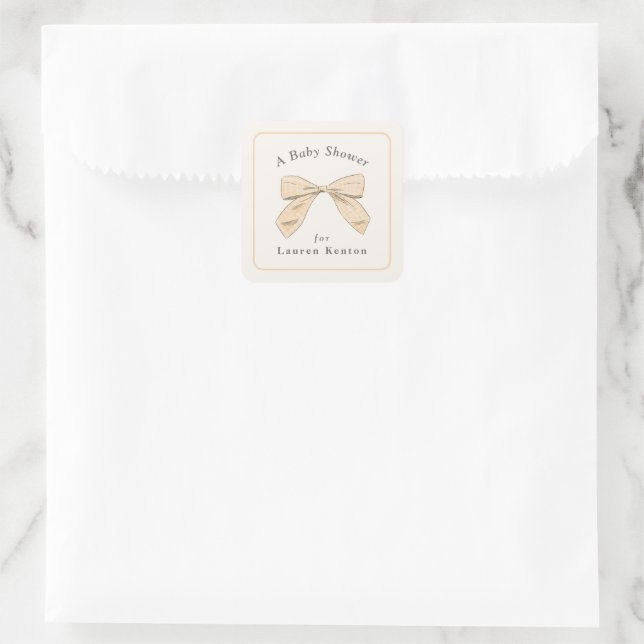 Sticker Carré Pastel Peach Plaid Bow Élégant Baby shower neutre (Sac)